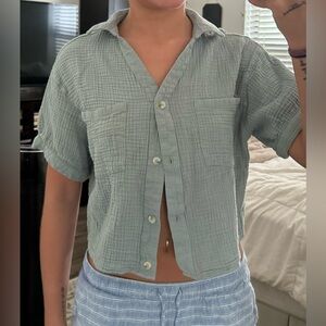 Sage green waffle button up